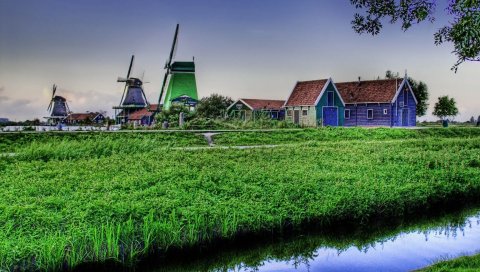 Деревня, травы, мельница, небо, hdr