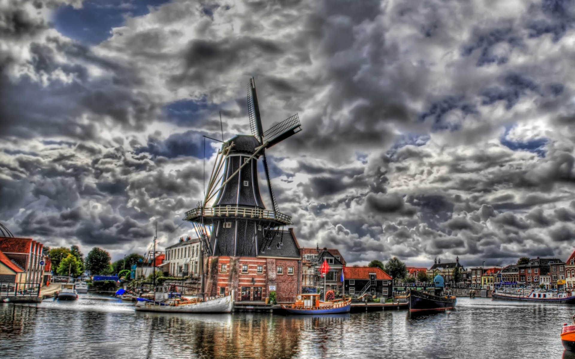 Картинки Мельница, небо, облака, здания, hdr фото и обои на рабочий стол