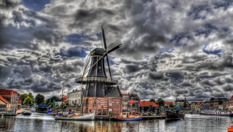 Мельница, небо, облака, здания, hdr