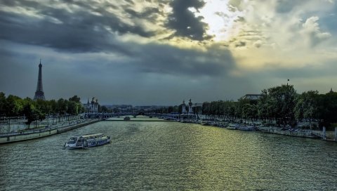 Река, банк, Эйфелева башня, небо, вечер, франция, париж, hdr