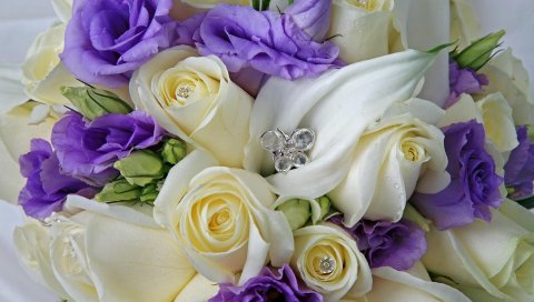 Розы, lisianthus russell, цветы, букет, капли, украшения