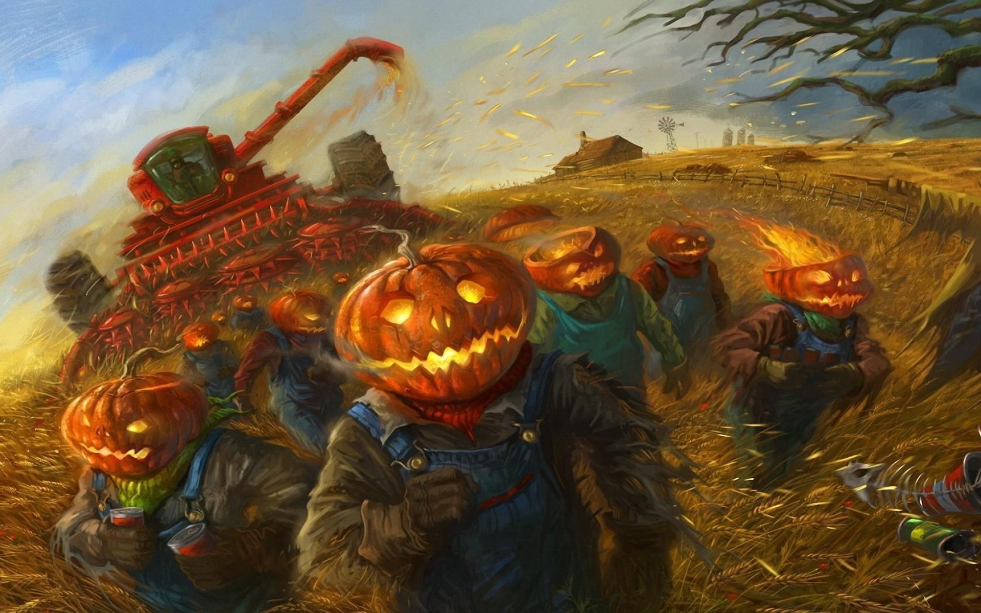 Картинки Хэллоуин, праздник, поле, зерно, люди, тыква, бег фото и обои на рабочий стол