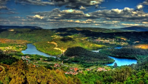 Остров, сверху, река, город, лес, холмы, облака, тени, небо, ярко, контраст, взгляд, пейзаж