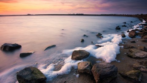 Море, пена, камни, пляж, утро, небо, рассвет, пробуждение, шепот