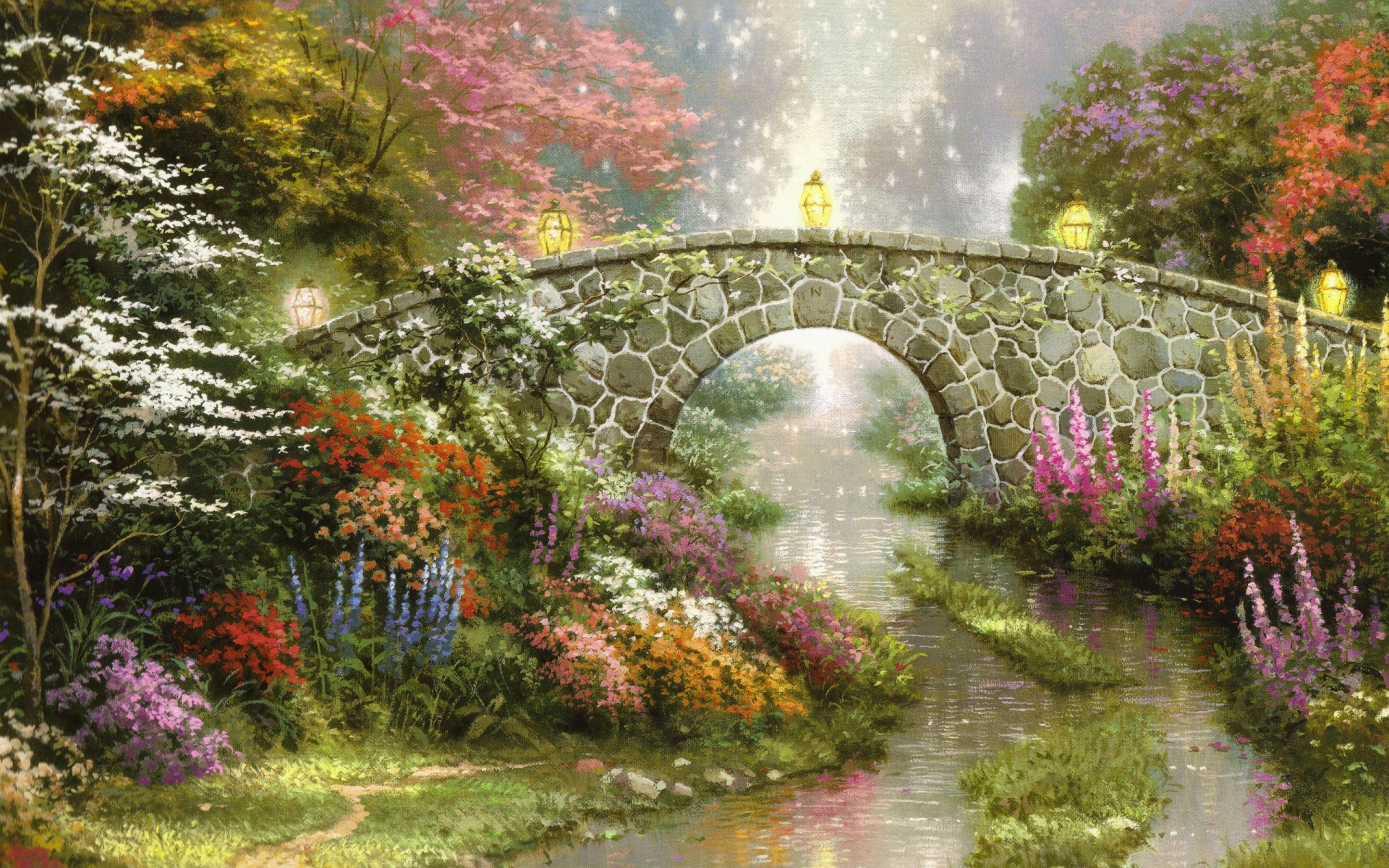 Картинки Мост, камень, арка, живопись, искусство, холст, цветы фото и обои на рабочий стол