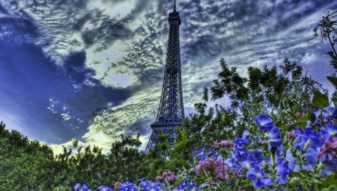 Париж, Франция, Эйфелева башня, цветы, небо, hdr