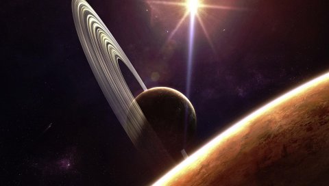 Планеты, круги, пространство, лучи, свет, блики