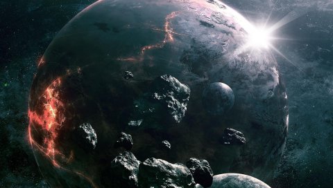 астероиды, планеты, столкновение, свет, пространство