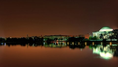 штат Вашингтон, США, Jefferson мемориал, здания, ночь, свет, река, берег