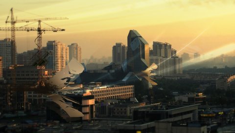 строительство, туман, вид сверху, небоскребы