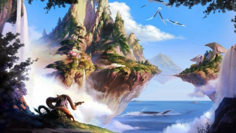 острова, море, небо, водопад, деревья