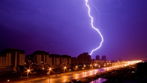 дом, улица, ночь, дождь, молния