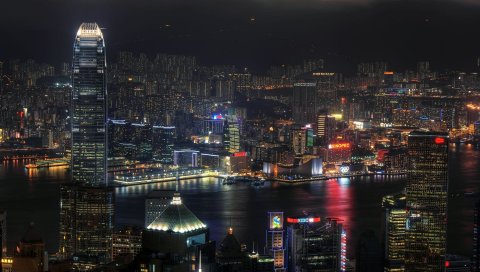 Гонконг, Китай, небоскребы, ночь, город