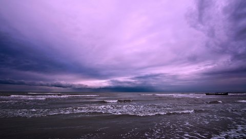 море , волны, облачно, облака, горизонт,черноту, небо, вода, грязная, пена