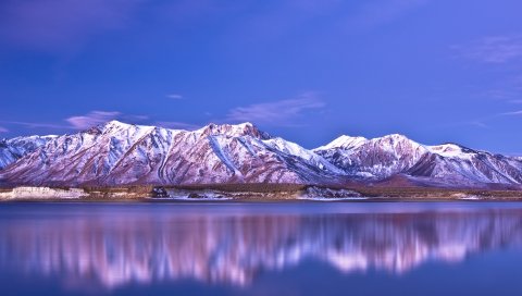 горы , берег, покрытый снегом, отражение, небо, голубые