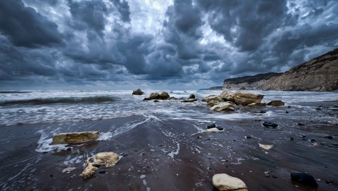 камень, пена, море, облака, небо, мрачный, песок, влажный, облачный