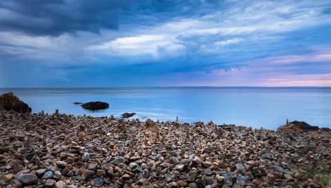 камни, острые, побережье, небо, море, горизонт, облако, плотная, утром