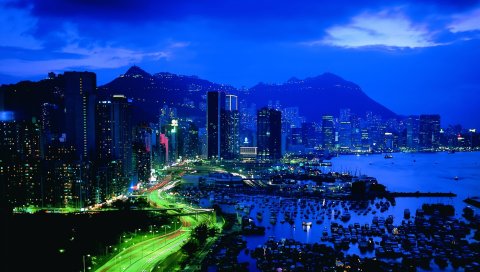 Hong kong, дорога, ночь, здание, вид сверху