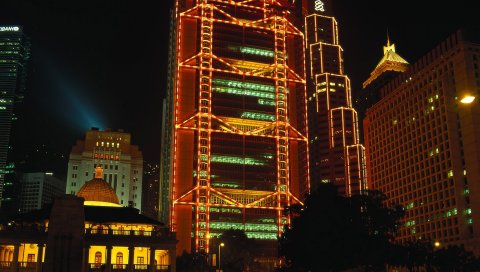 Hong kong, здание, небоскреб, ночь, огни