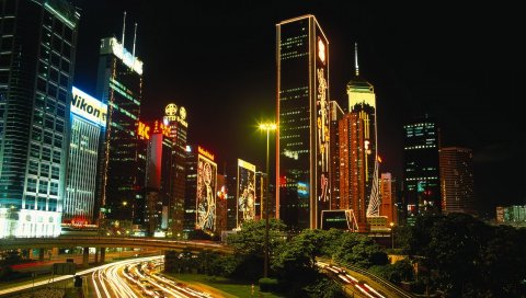Hong kong, здания, небоскребы, люди, ночь