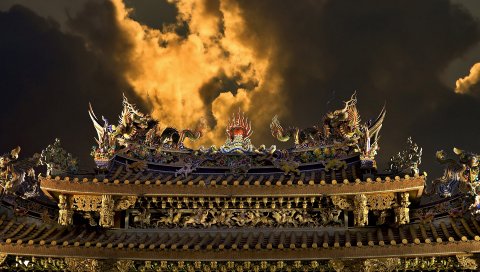 Китай, здание, крыша, небо, облака, ночь