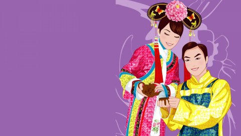 China, пара, девушка, мальчик, улыбка, костюм, чаепитие