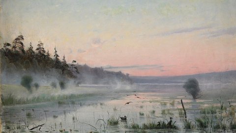 Озеро, утки, туман, утро, живопись, искусство, трости