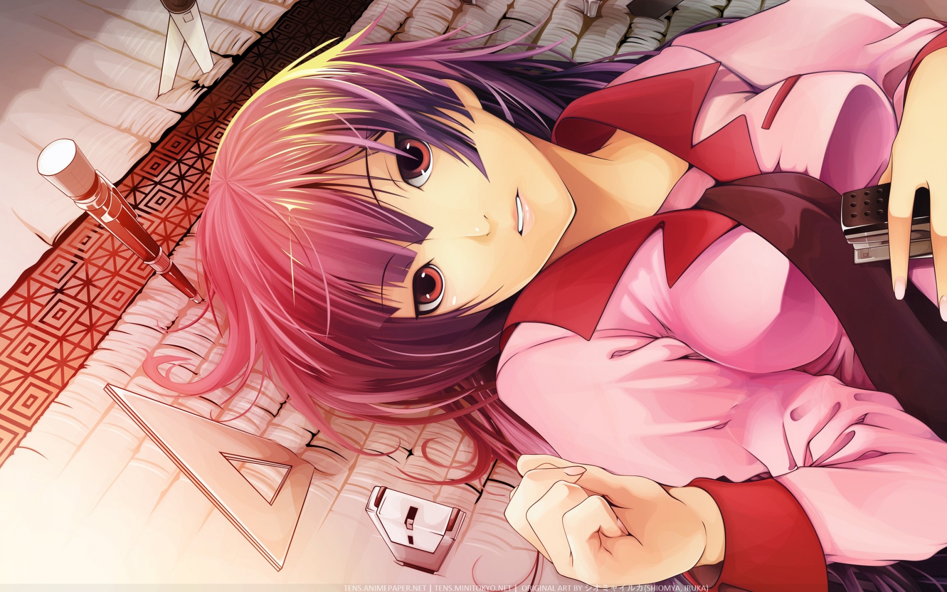 Картинки Bakemonogatari, девушка, рубашка, ложь, взгляд, прическа фото и обои на рабочий стол