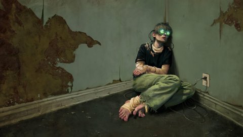 Девушка, очки, угол, провод, страх