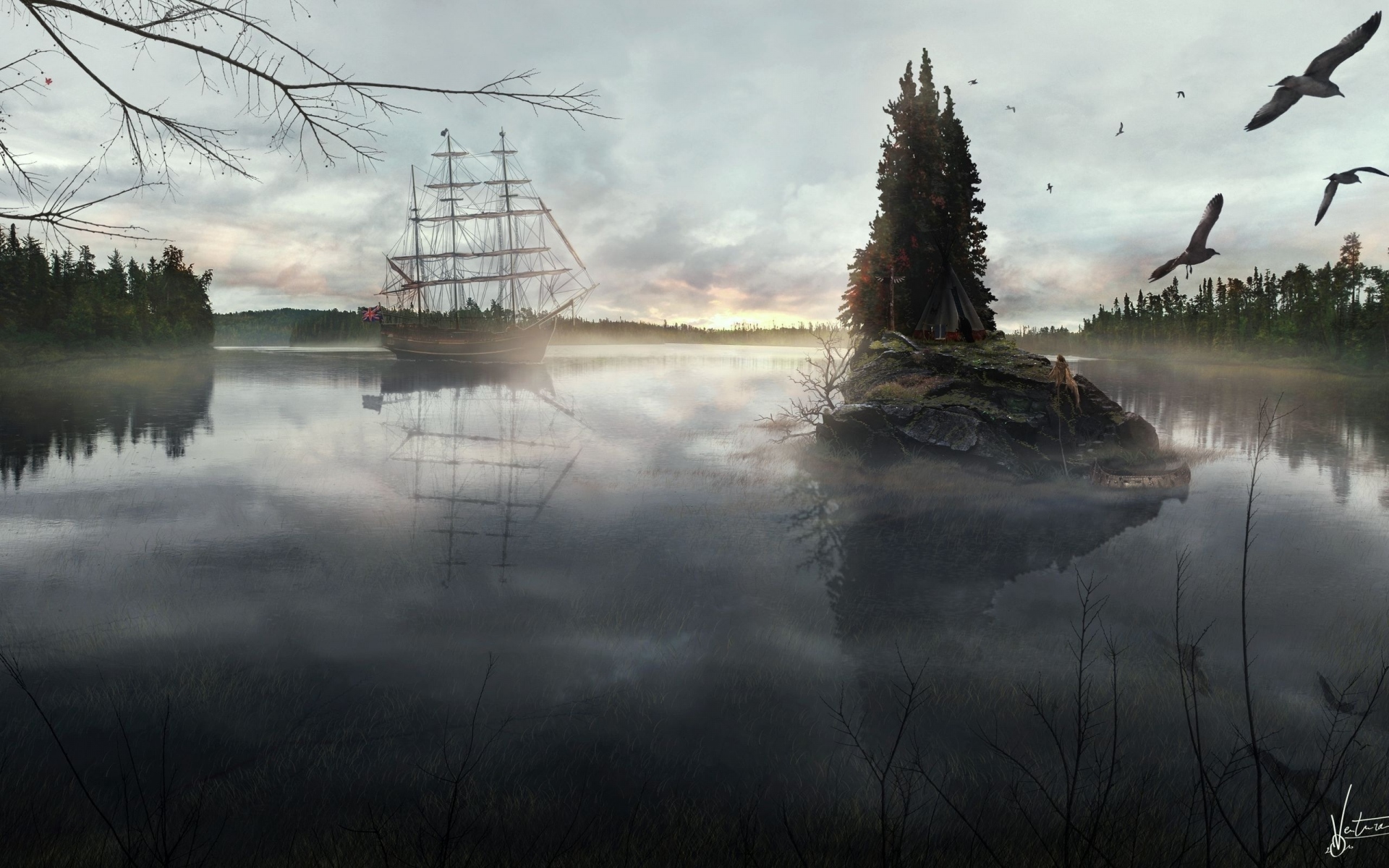 Картинки Корабль, море, птицы, остров, дерево, палатка, дымка, ужасно фото и обои на рабочий стол