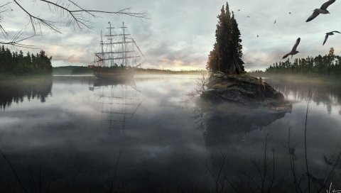 Корабль, море, птицы, остров, дерево, палатка, дымка, ужасно