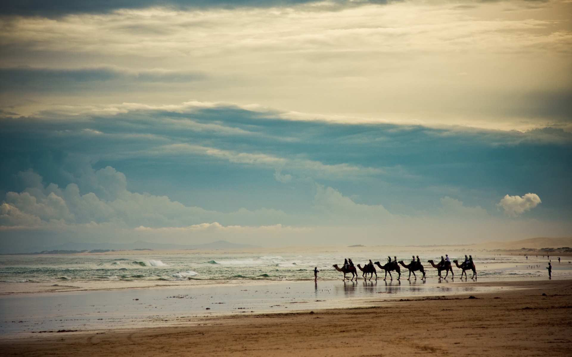 Картинки Караван, верблюды, море, побережье, небо, облака фото и обои на рабочий стол