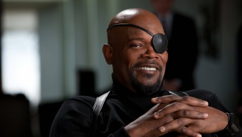 Samuel l jackson, повязка, улыбка, актер, взгляд, щетина