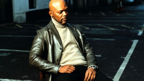 Samuel l jackson, куртка, свитер, стул, взгляд, актер, знаменитость