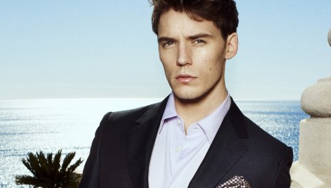 Sam claflin, взгляд, куртка, рубашка, коричневый, пальмы, море, фон