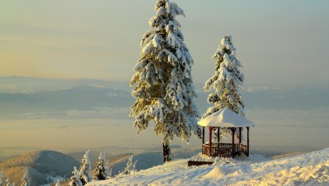 беседку, зима, снег, горы, рельеф, деревья