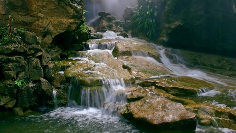 камни, плиты, водопад, ручей, дымка, потоки