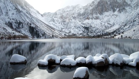 камни, ряд, снег, горы , озеро, заочная