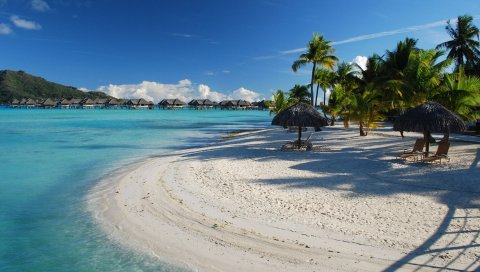 навесы, шезлонги, стулья, тропики, пальмы, песок, белый, отдых, курорт, Bora-Bora, лазурь