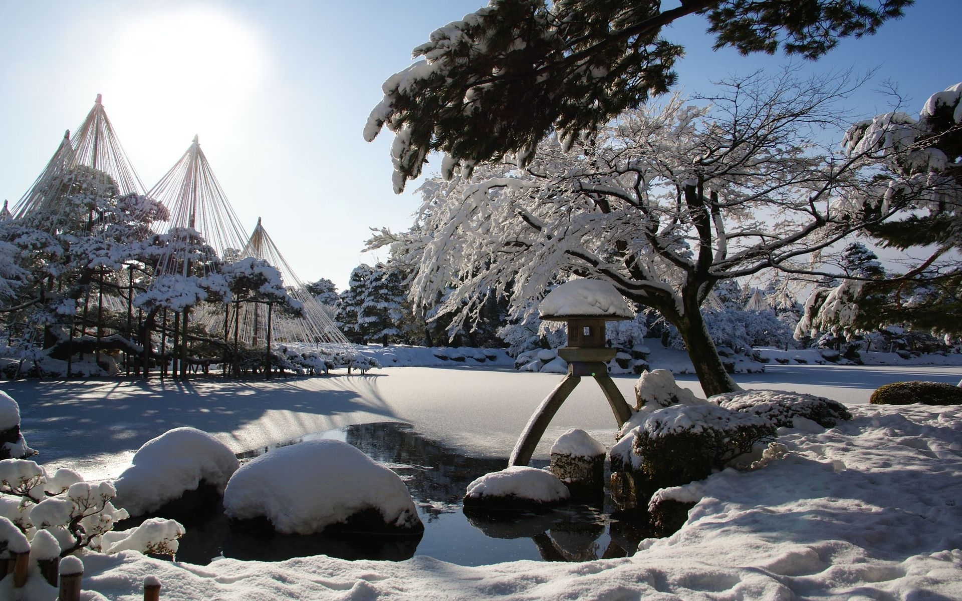 Картинки зима, снег, сад, озеро, лампа, свет, солнце , фото и обои на рабочий стол