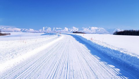 дорога, снег, зима, синий, белый,линии, тень