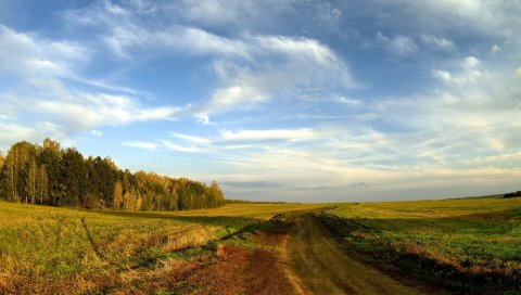дорога, поле, небо, облака, синий, страна, открытые пространства, деревья, горизонт, пейзаж