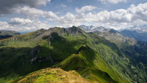 горы, рельеф, тени, резкие, облака, небо, высота, пейзаж, движение