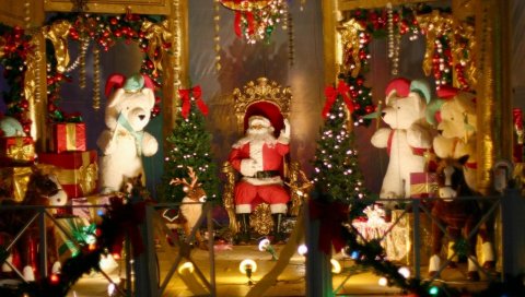 Санта-Клаус, стул, медведи, игрушки, подарки, фехтование, деревья, украшения, рождество