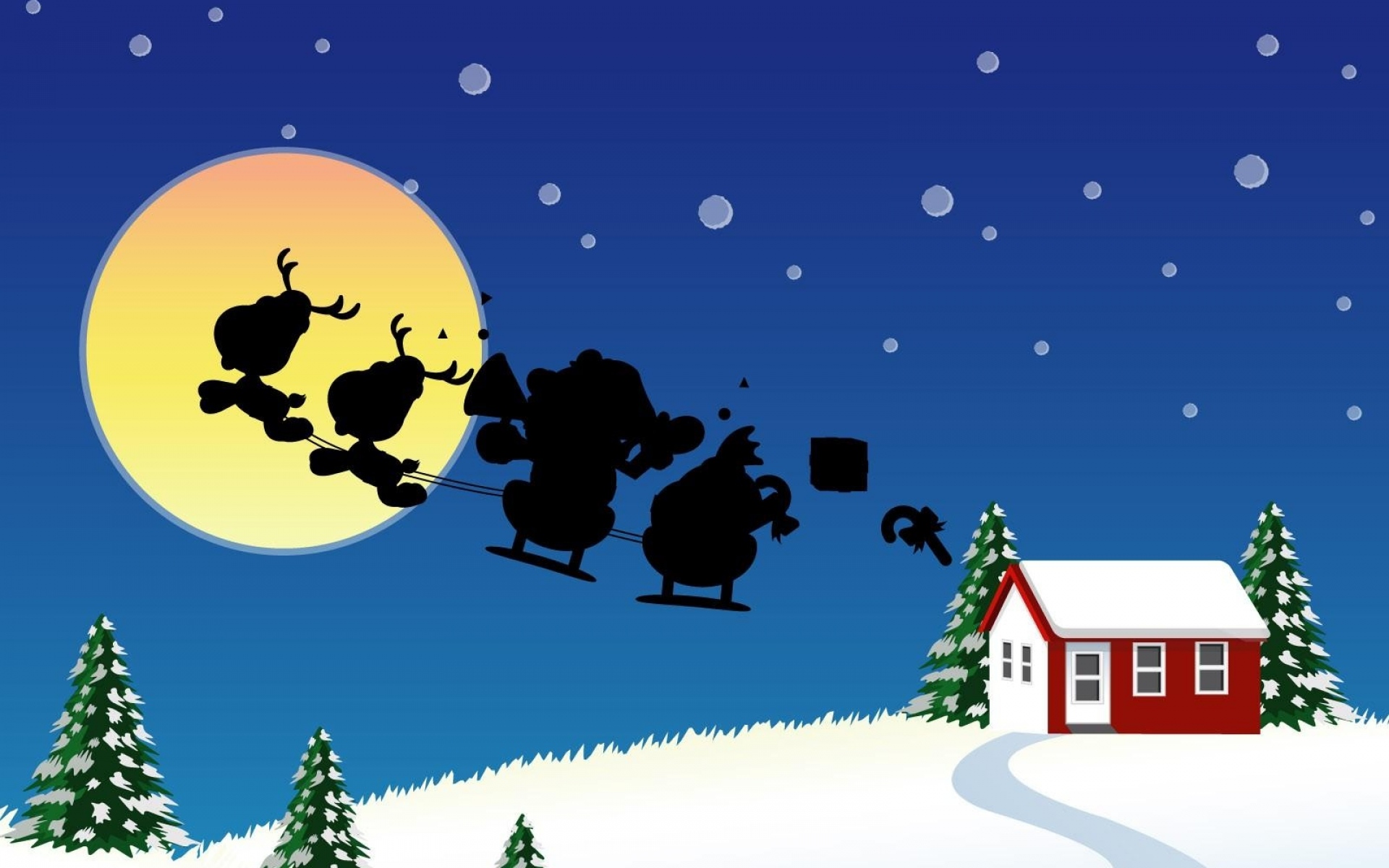 Картинки Санта-Клаус, Рождество, сани, полет, луна, дом, дерево фото и обои на рабочий стол