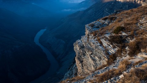 Скала, сверху, река, взгляд, трава, выцветшие, темнота