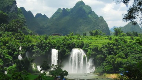 Падает, bann giok, vietnam, горы, деревья, лес