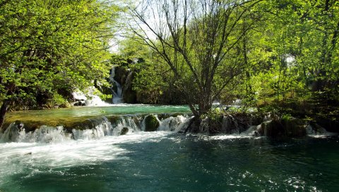 Хорватия, река, водопад, деревья, ясно, лето