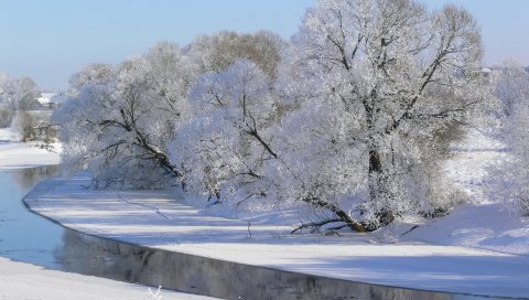 Зима, деревья, река, иней, седые волосы, небо, белый, тени