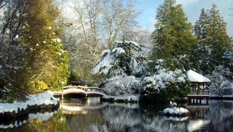 Парк хатлей, Япония, сад, пейзаж, мост, снег, озеро, беседка, деревья